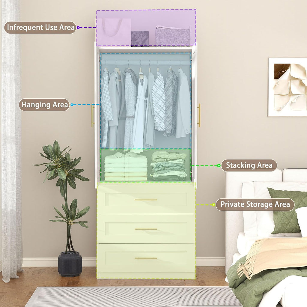 White Armoire Wardrobe Closet: 75" Large Wardrobe Closet with 3 Drawers, Bedroom Armoires with 2 Doors, Wooden Tall