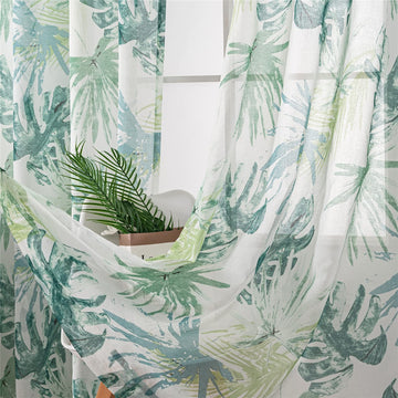 Sheer Curtains Printed, Decor Hawaiian Style Green Tropical Palm Leaves Plant Pattern Faux Linen Rod Pocket Window