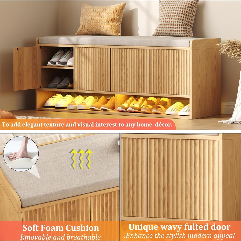 47.2" Fluted Shoe Storage Bench, Entryway Bench with Linen Seat Cushion, Shoe Cabinet Bench with Adjustable Shelf and