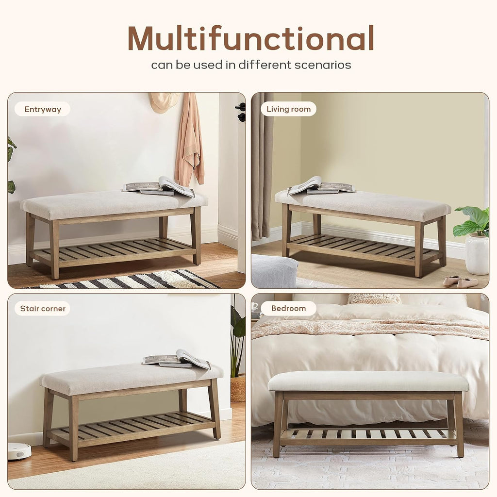 Entryway Bench, Chenille Upholstered Shoe Benches , Ottoman Bench with Solid Wood Shelf, Storage Benches (Beige)