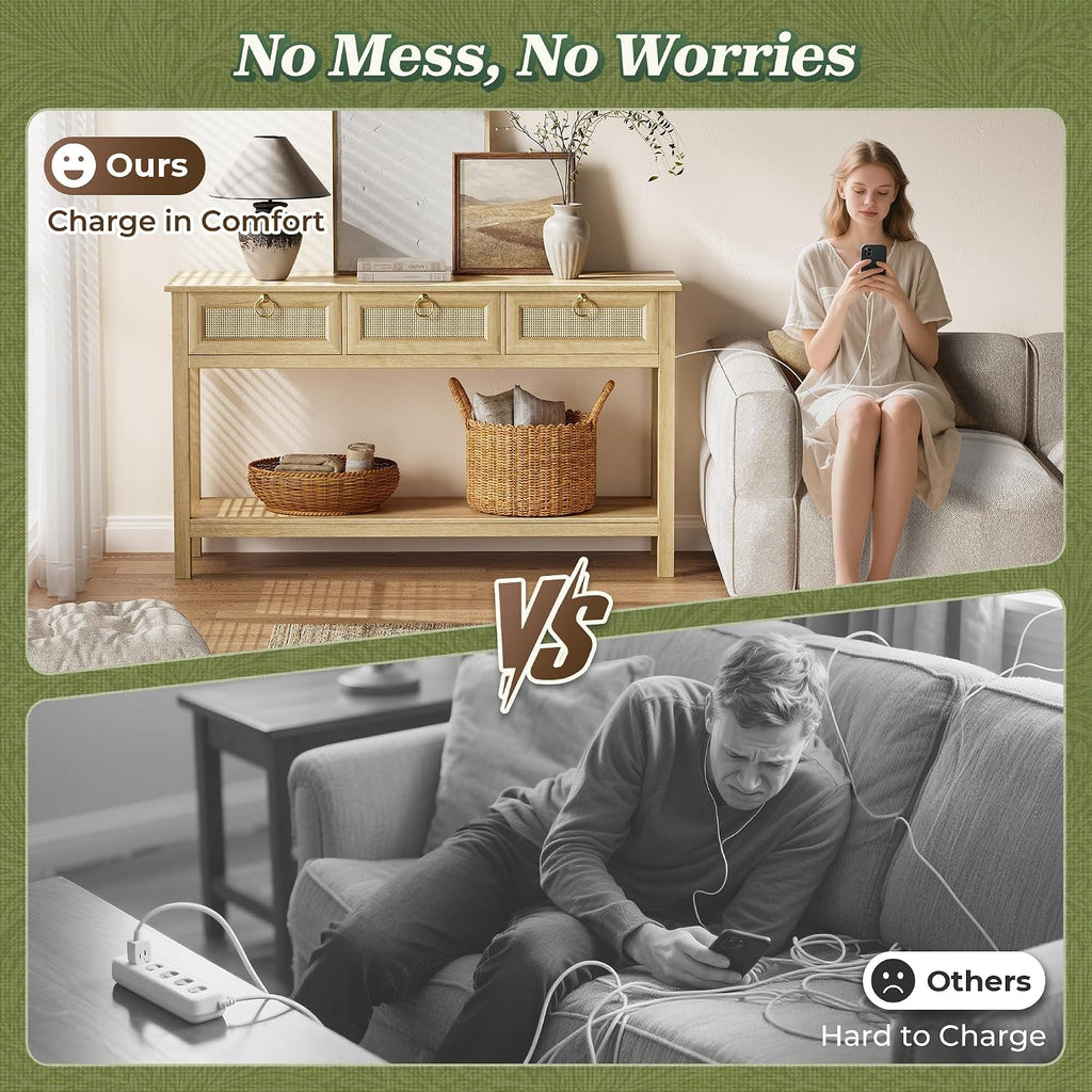 Rattan Console Sofa Table with Outlets and USB-C Port, 3 Drawer Entryway Table with Synthetic Rattan Surface, Open