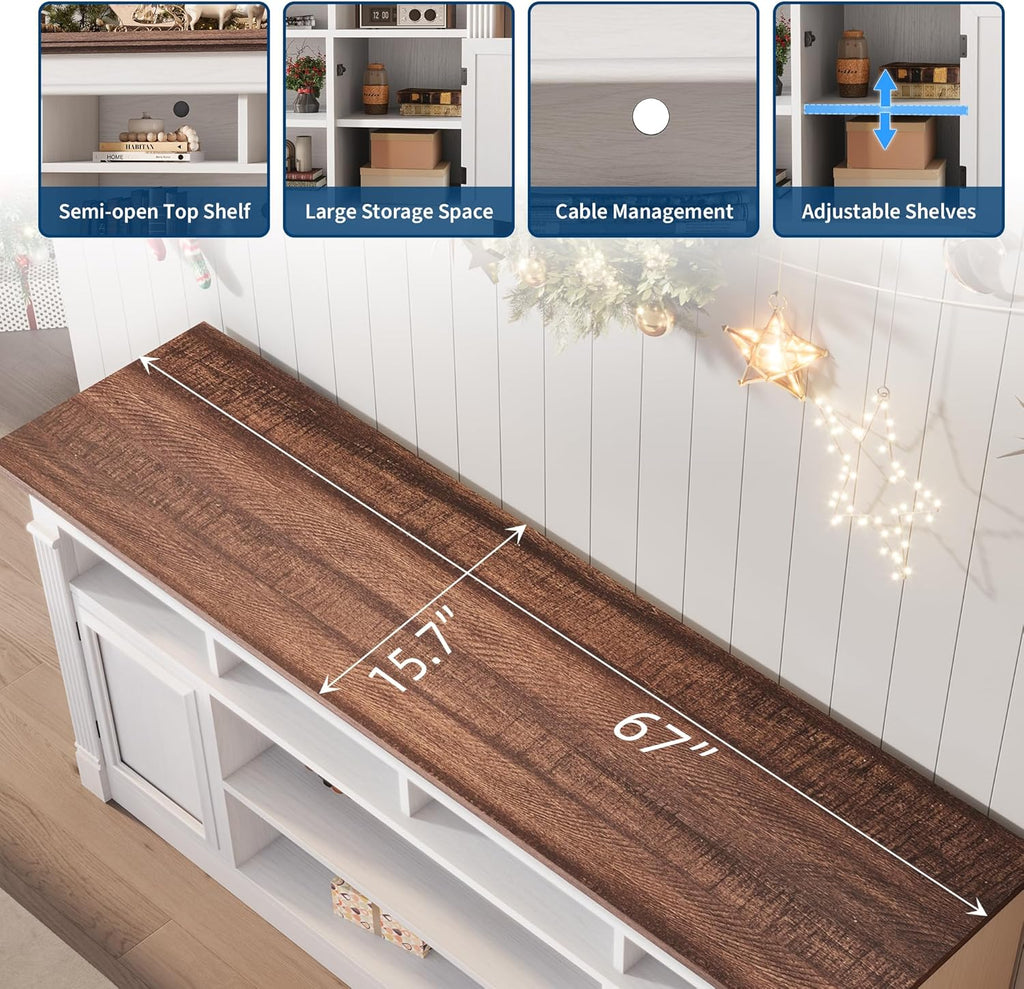 Farmhouse TV Stand for TVs Up to 75", Entertainment Center with Open Storage & Adjustable Shelves, TV Console with Doors for Living Room and Bedroom