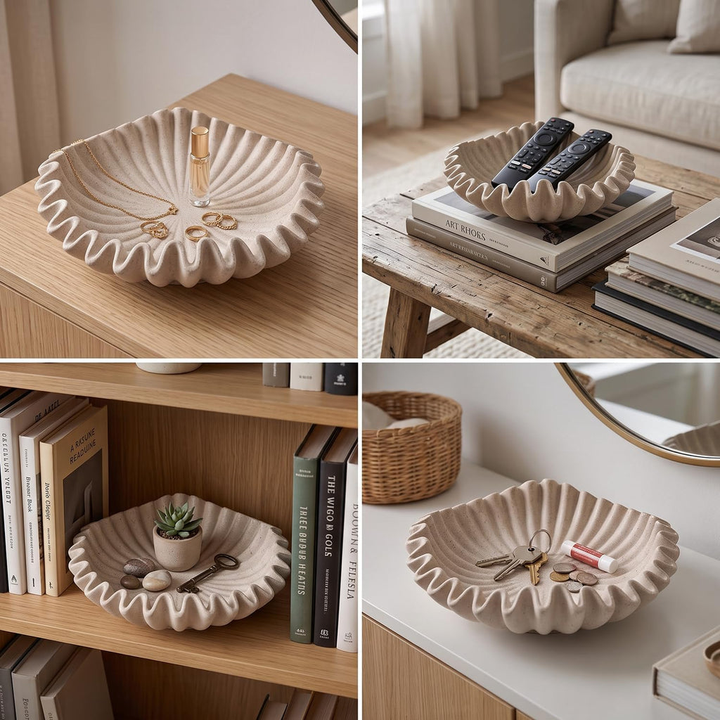 Decorative Bowl for Coffee Table, Modern Handcraft Ruffle Entryway Key Bowl | Resin Wavy Centerpiece Bowl with