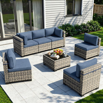 Outdoor PE Wicker Rattan Modular Patio Sectional Sofa Set | 7-Piece: 6 Modular Seats & Coffee Table with Thick