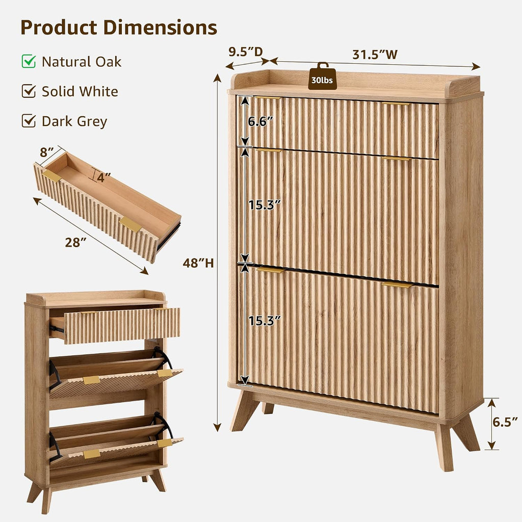 Fluted Shoe Storage Cabinet with 2 Flip Drawers & Top Drawer, 48" Tall Narrow Shoe Organizer, Curved Profile Design