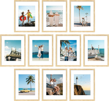 10 Pack 11x14 Picture Frame Collage Wall Decor with 8x10 Mat | Natural Plastic 11x14 Photo Frames with High