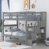 Stairway Bunk Bed with Storage Shelves, Twin Over Twin Wooden Bunk Bed Frame with Full-Length Fence