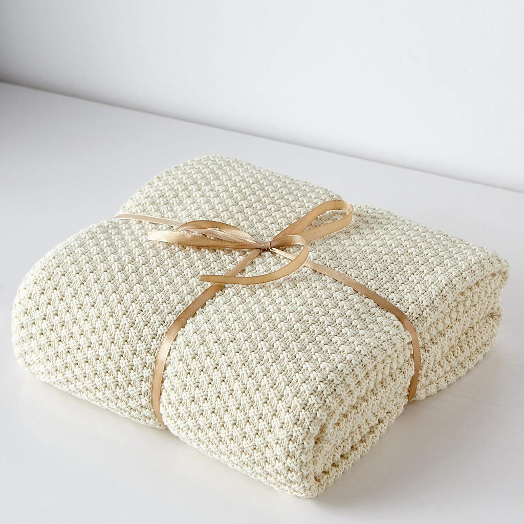 100% Cotton Knitted Throw Blanket - Cream, Soft & Cozy, Machine Washable, 60"x80"