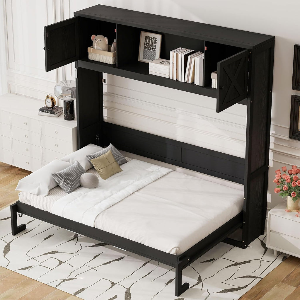 Queen Murphy Bed with Storage Cabinets, Wood Murphy Bedframe with Bookcase Shelves, Folding Wall Bed Cabinet for Adults (Black)
