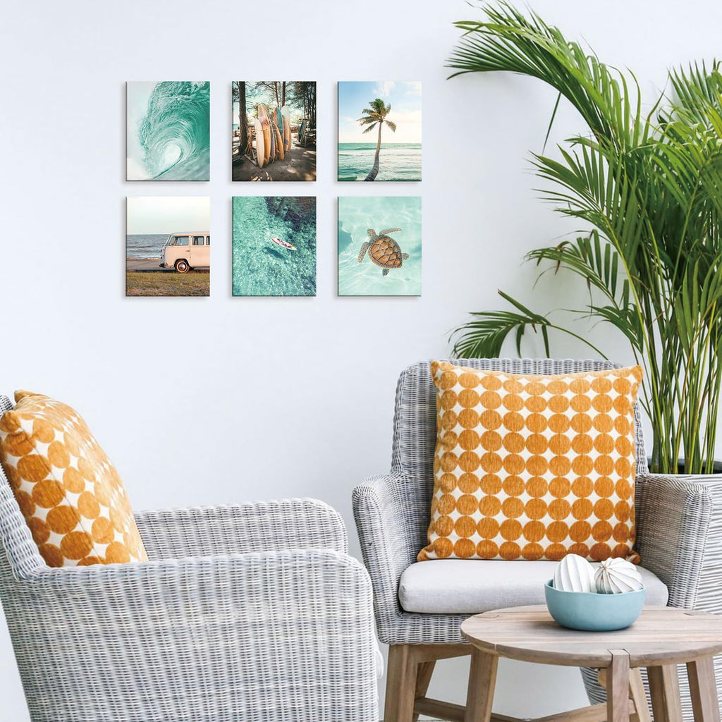 Beach Canvas Wall Art, Tropical Summer Ocean Coastal Posters, Set Of 6 Piece (8x10inch,Framed) Preppy Gallery Beachy