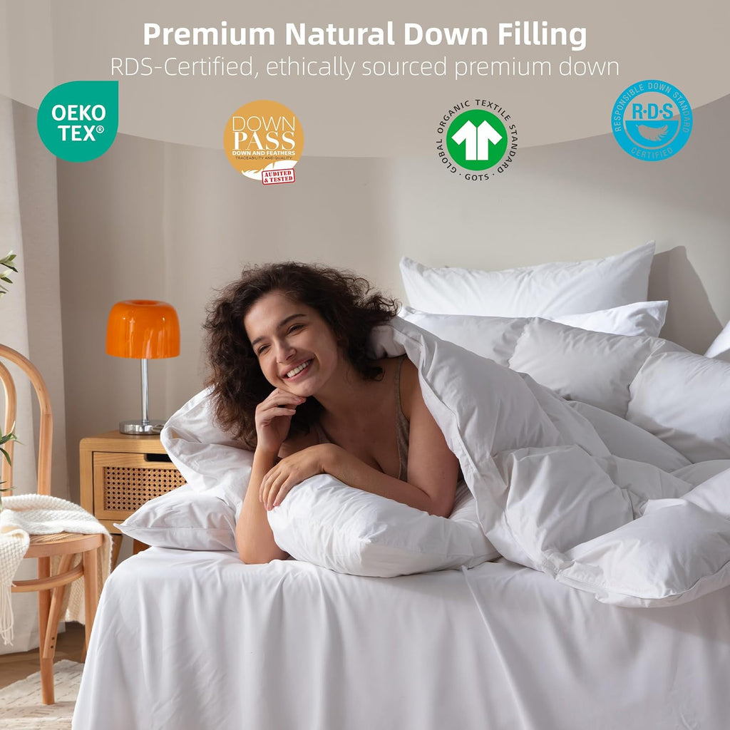 Feather Down Comforter Queen,Hotel Style Bedding Comforter,750+ Fill Power,1200TC,100% Organic Cotto