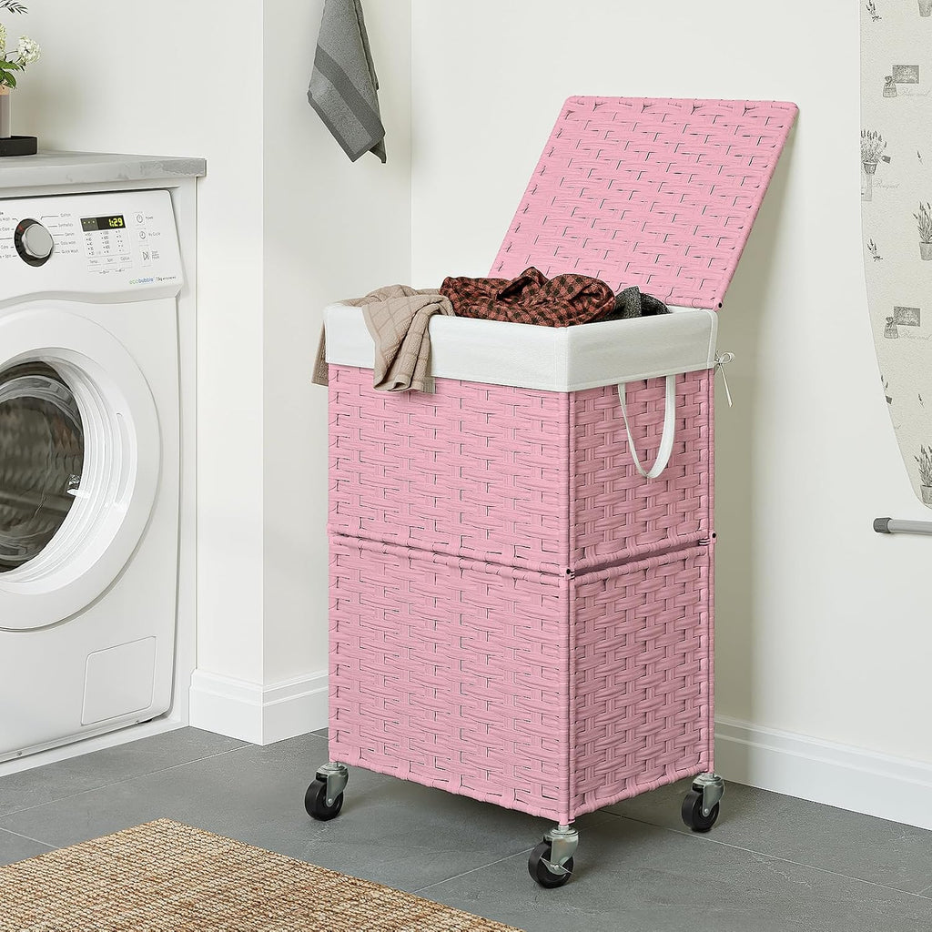 Wicker Laundry Basket with Wheels,Rolling Laundry Hamper with Lid | 90L Slim Clothes Hamper with Wheels & Removable