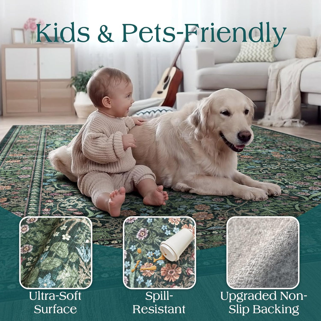Dark Green Floral Entry Rug - 3x5 Soft Washable Bedroom Area Rug Non Slip Vintage Botanical Farmhous