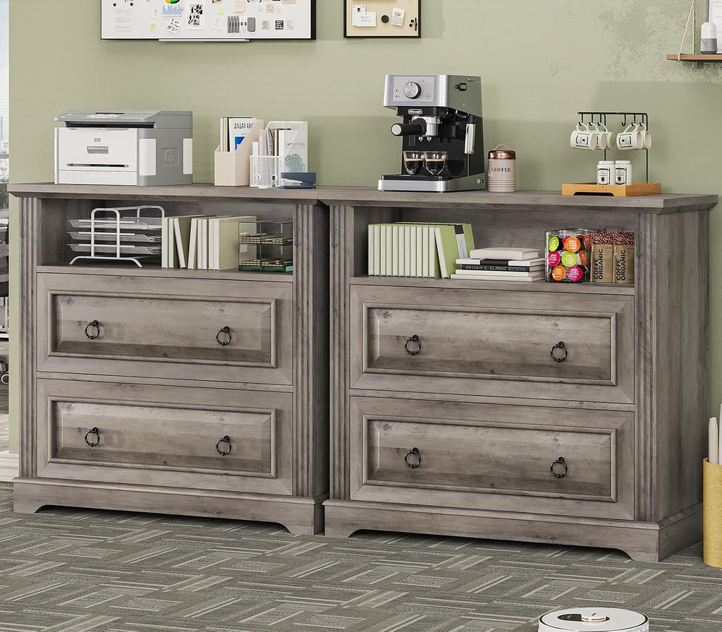 2 Drawer File Cabinet, Farmhouse Filing Cabinet Fits Letter, Legal, A4 Size, Wood Lateral File Cabinet with Printer