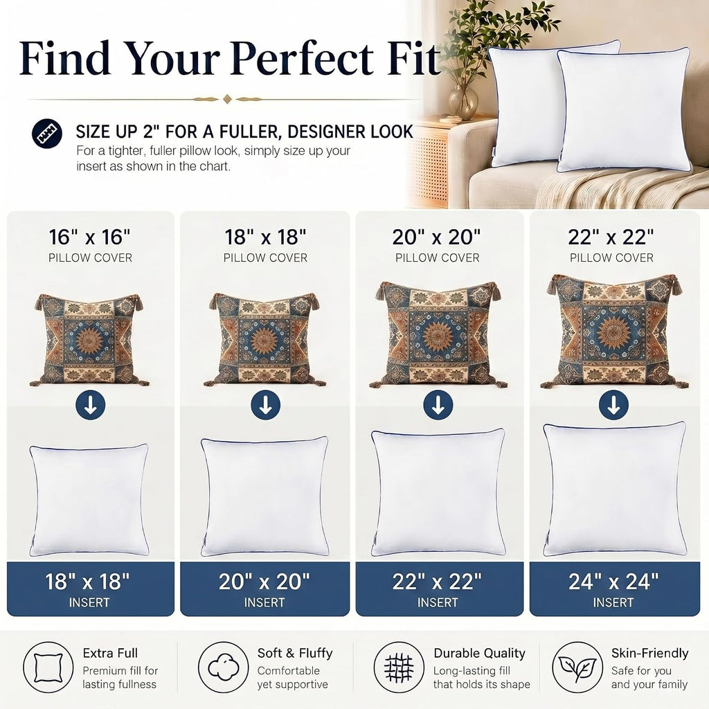 18x18 Pillow Inserts, Soft Hypoallergenic Square Throw Pillow Inserts for Couch, Sofa - Oeko-TEX Certified - Set of 2
