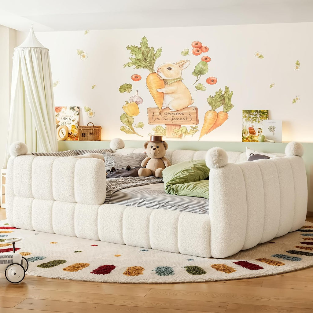 Full Size Upholstered Montessori Floor Bed Frame with Full Surround Safety Rails, for Girls & Boys, Teddy Fleece