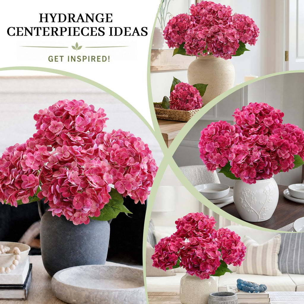 Hydrangea Artificial, 3Pcs Real Touch Faux Hydrangea with Long Stem and Leaves, Lifelike Fake for Outdoor Planters