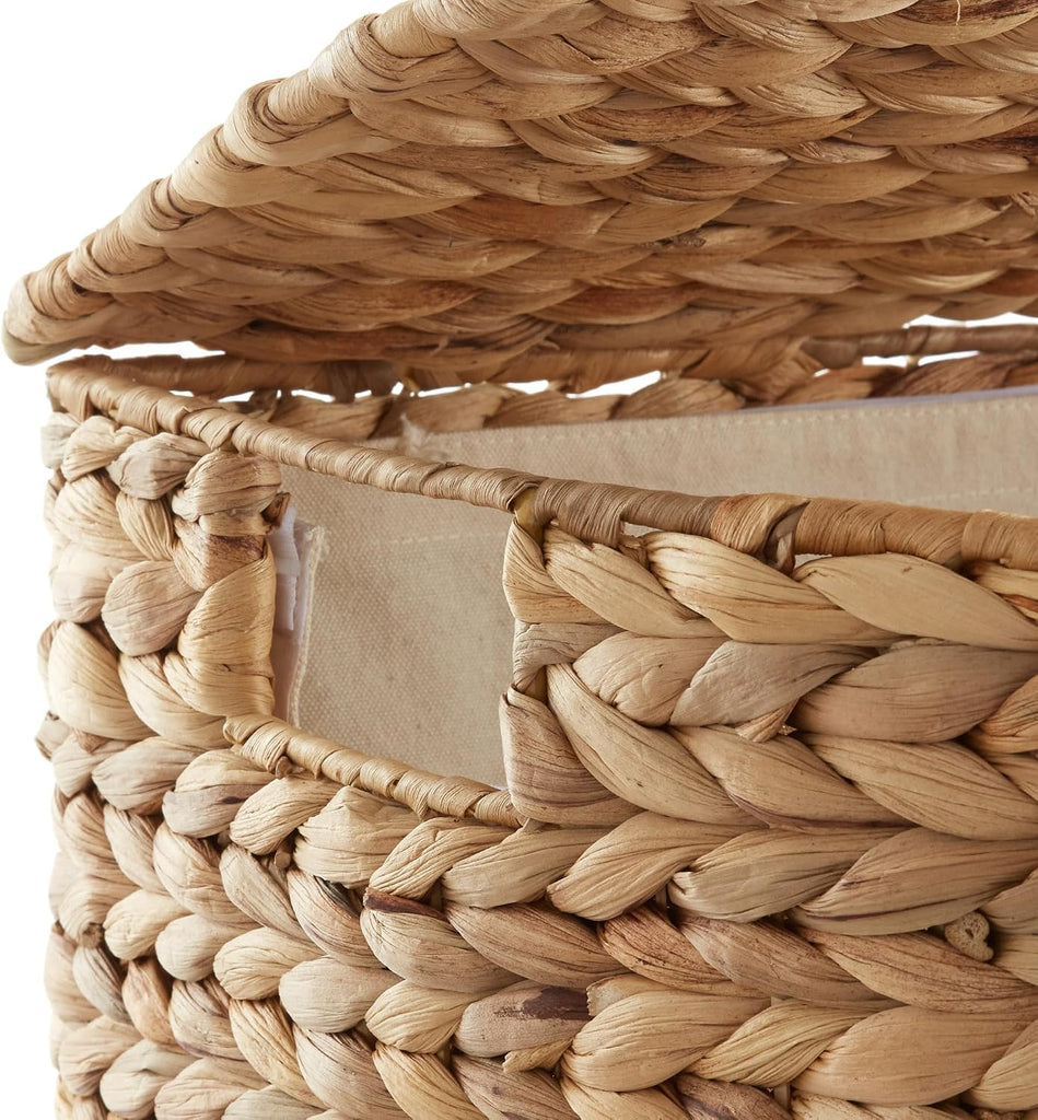 Half Moon Laundry Hamper with Lid and Removable Liner Bag - Natural, Woven Water Hyacinth Laundry Basket for Clothes