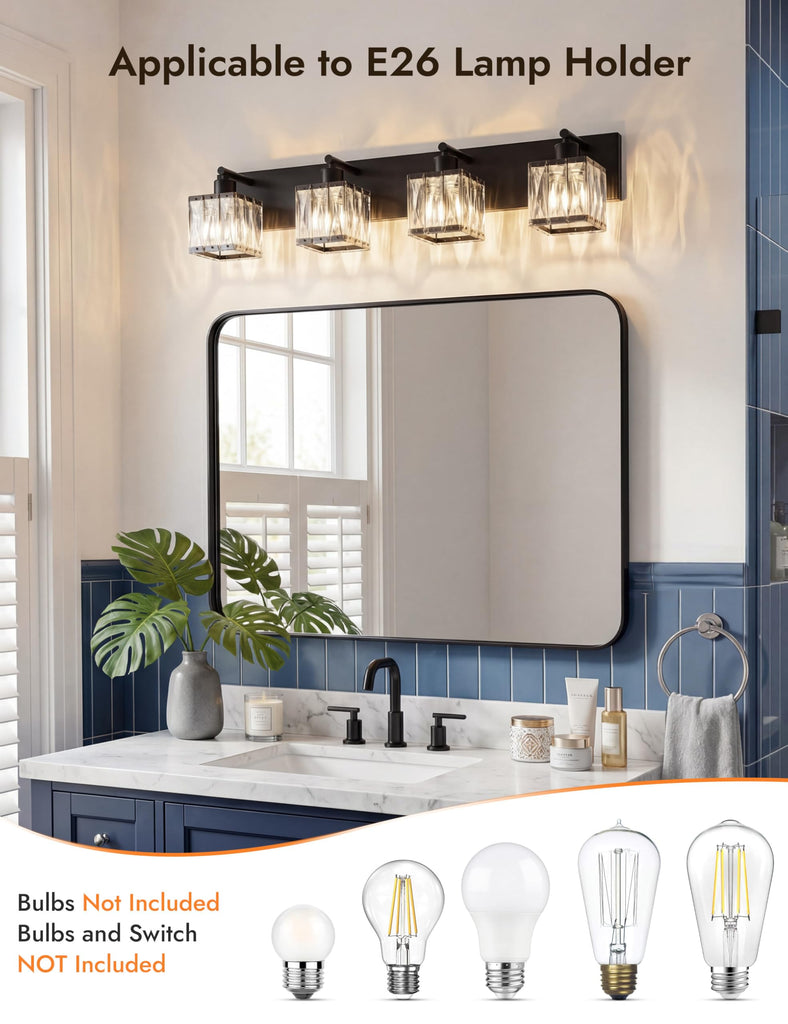 4-Light Crystal Bathroom Vanity Light Square, Matte Black