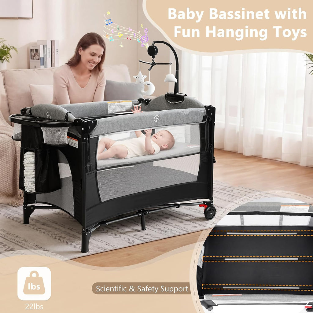 4 in 1 Portable Baby Playard, Baby Bedside Crib, Grey | Foldable Pack and Play w/Bassinet, Newborn Changing Table