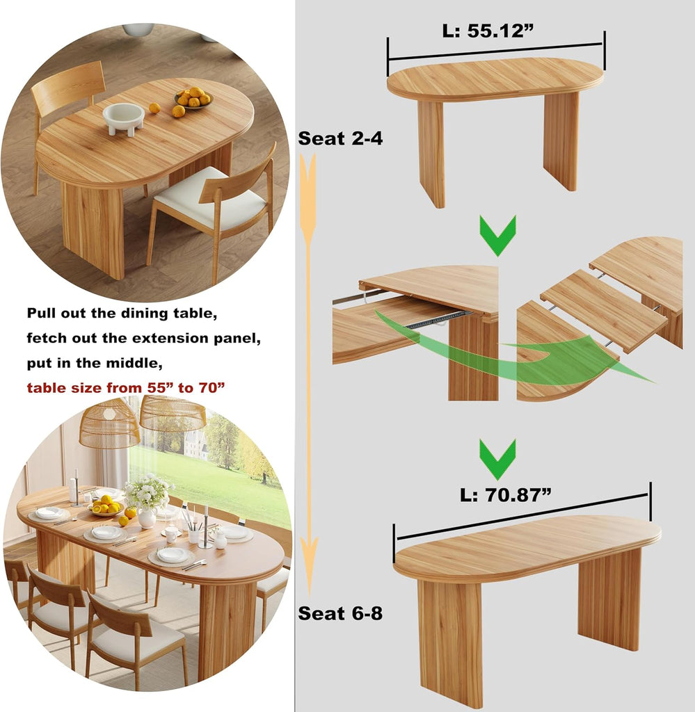 55.12"-70.87" Farmhouse Extendable Oval Dining Table for 4-6, Modern Solid Wood Kitchen & Dining Table with Removable