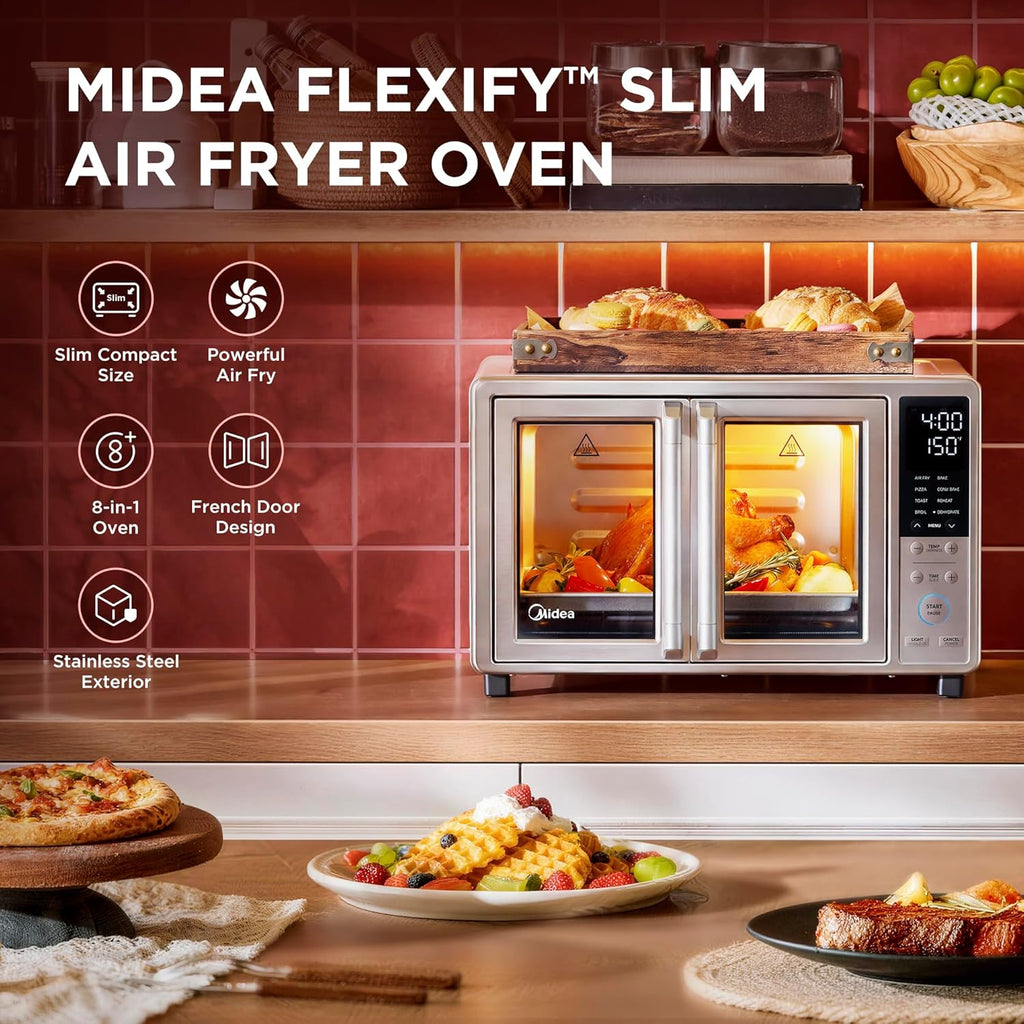 Flexify Slim 8-in-1 French Door Toaster Oven Air Fryer Combo, Compact Countertop Oven with Infrared SpeedHeat, 25