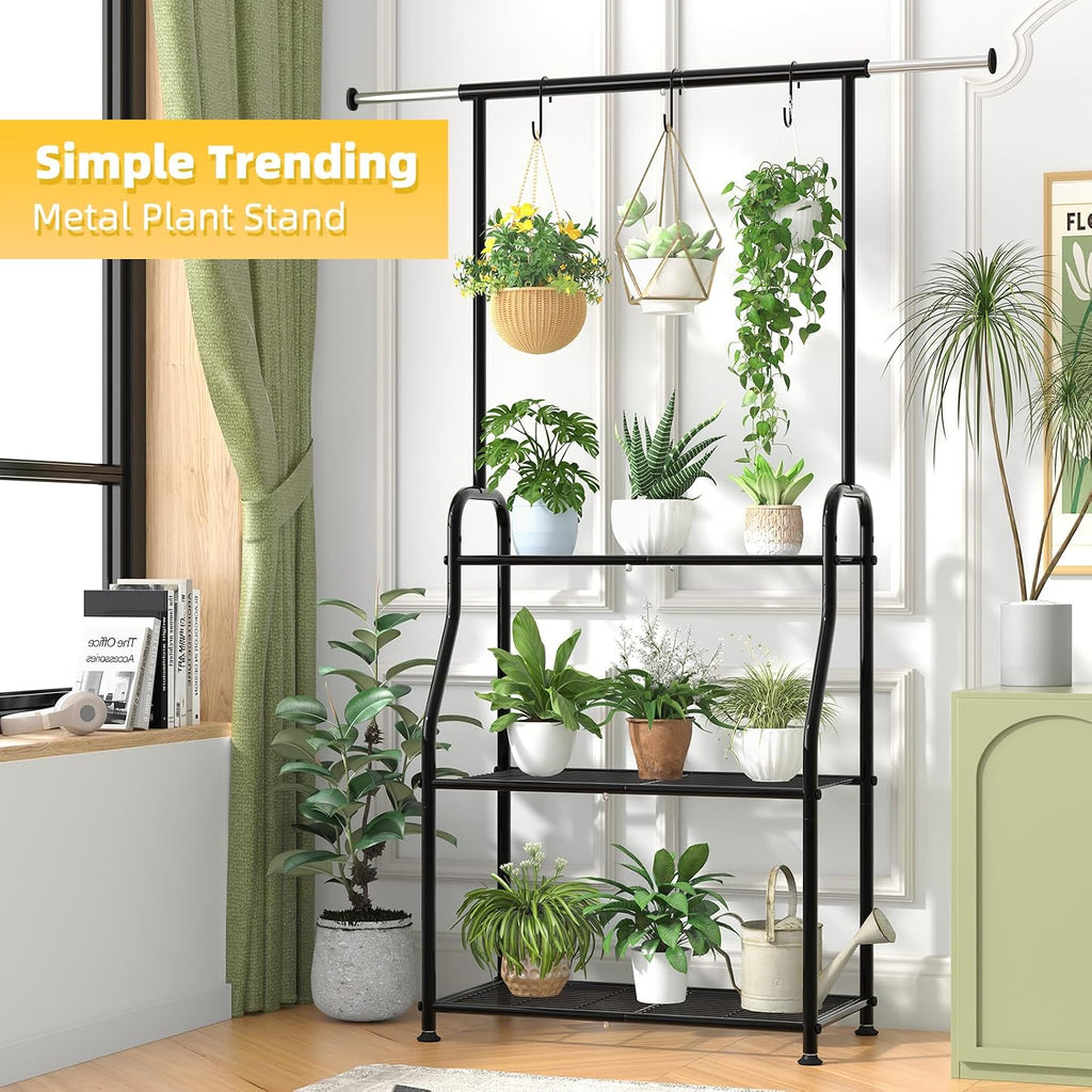 Plant Stand Indoor Outdoor, Heavy Duty Metal 3 Tiered Hanging Plant Shelf for Multiple Flower Planter Holder Tall