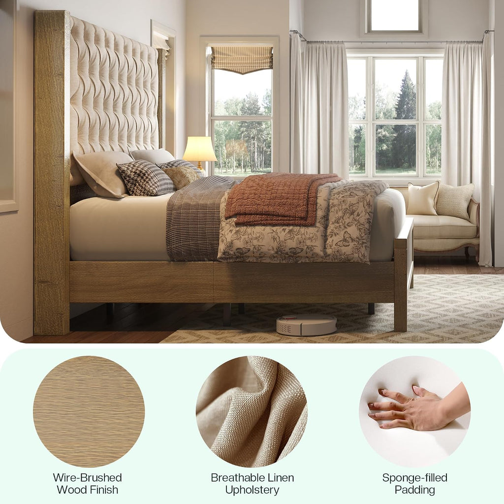 Solid Wood King Bed Frame, 57" Tall Farmhouse Platform Beds, Upholstered Line Wingback Headboard, Deep Button Tufted