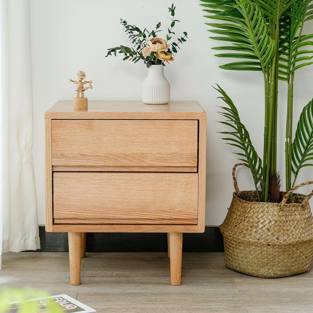 Night Stand, Mid Century Modern Nightstand w/2 Drawers, Boho Small Bedside Table, Oak Solid Wood, 17.72 W x 15.75 D x