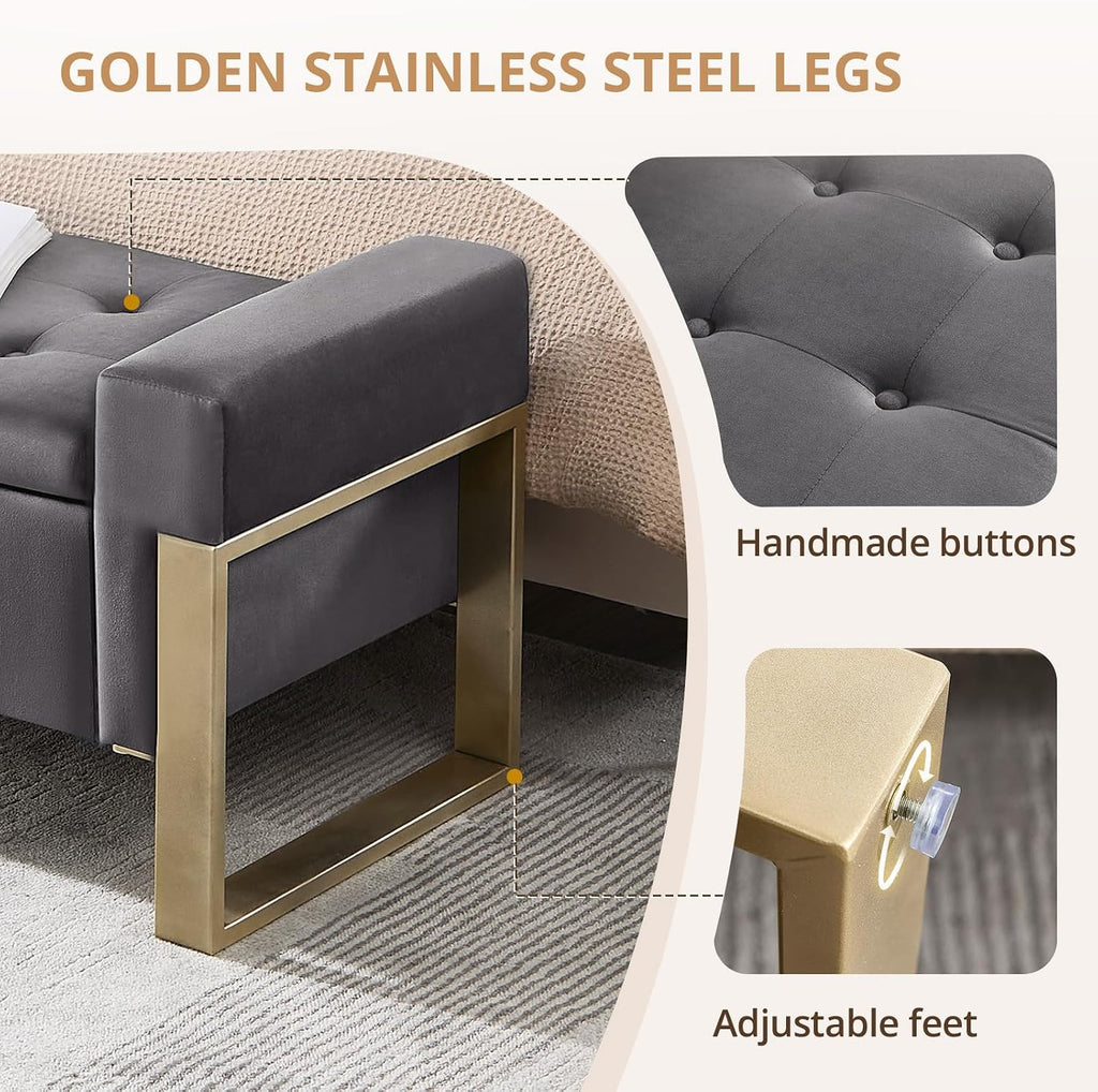 End of Bed Storage Bench, 67'' Benches Foot of Bed King, Upholstered Velvet Tufted Storage Ottoman Bench with Gold