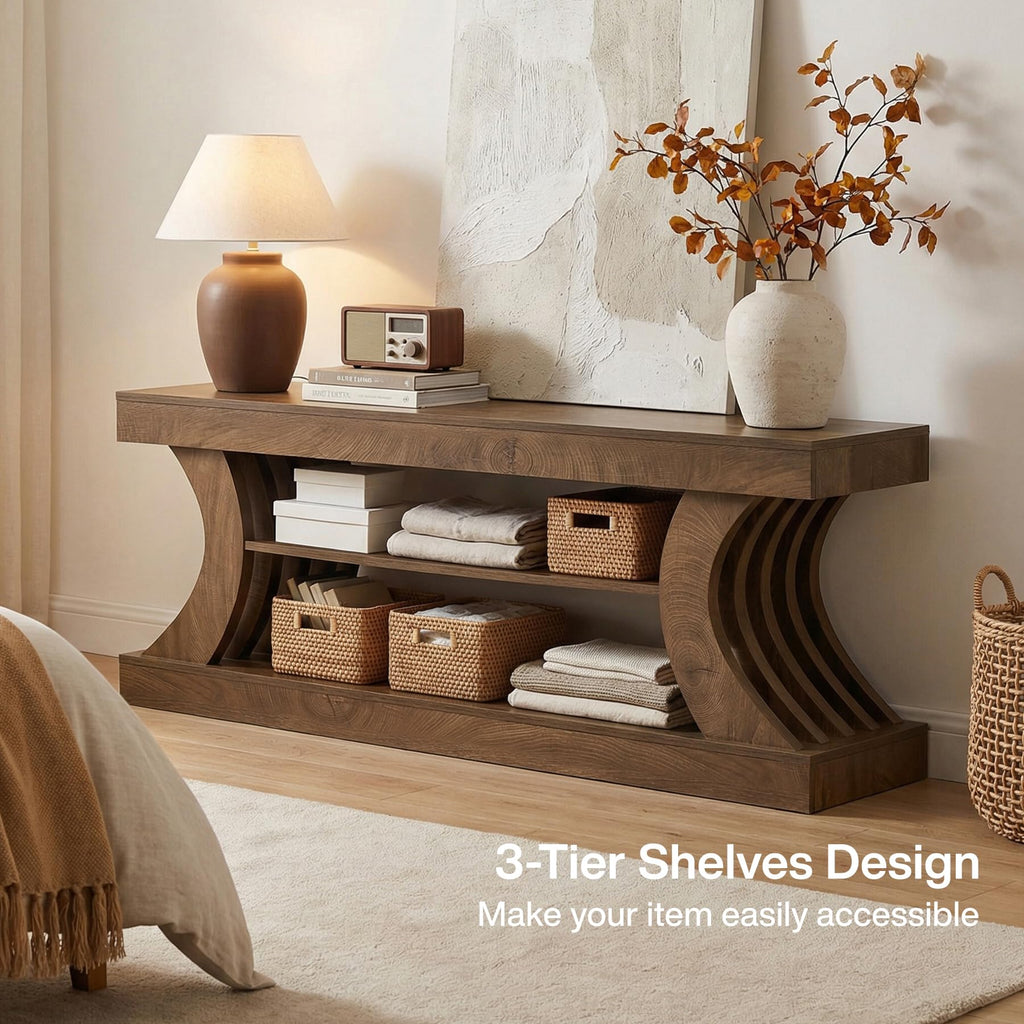 63-Inch Farmhouse Entryway Console Table with Storage, TV Console with Curved Design, Brown (Brown, 15.75" D x 63" W