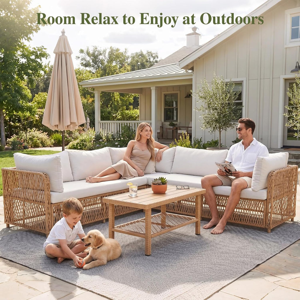 Patio Sectional Furniture Set with Waterproof Cover, Oversized Wicker Outdoor Furniture Set w/Water-Resistant Fabric