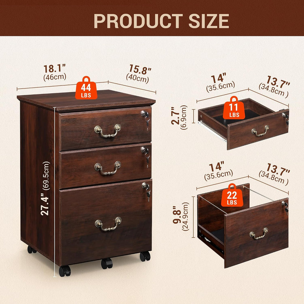 3 Drawer File Cabinet with Lock, Wood Filing Cabinet, Brown Oak | Mobile Wood File Cabinet for Under Desk Storage