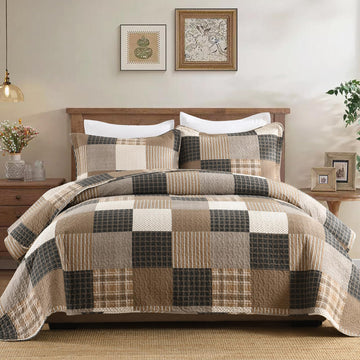 100% Cotton Quilt Set, Farmhouse Plaid Lightweight Comforter, Rustic Bedding Set Quilted Bedspread