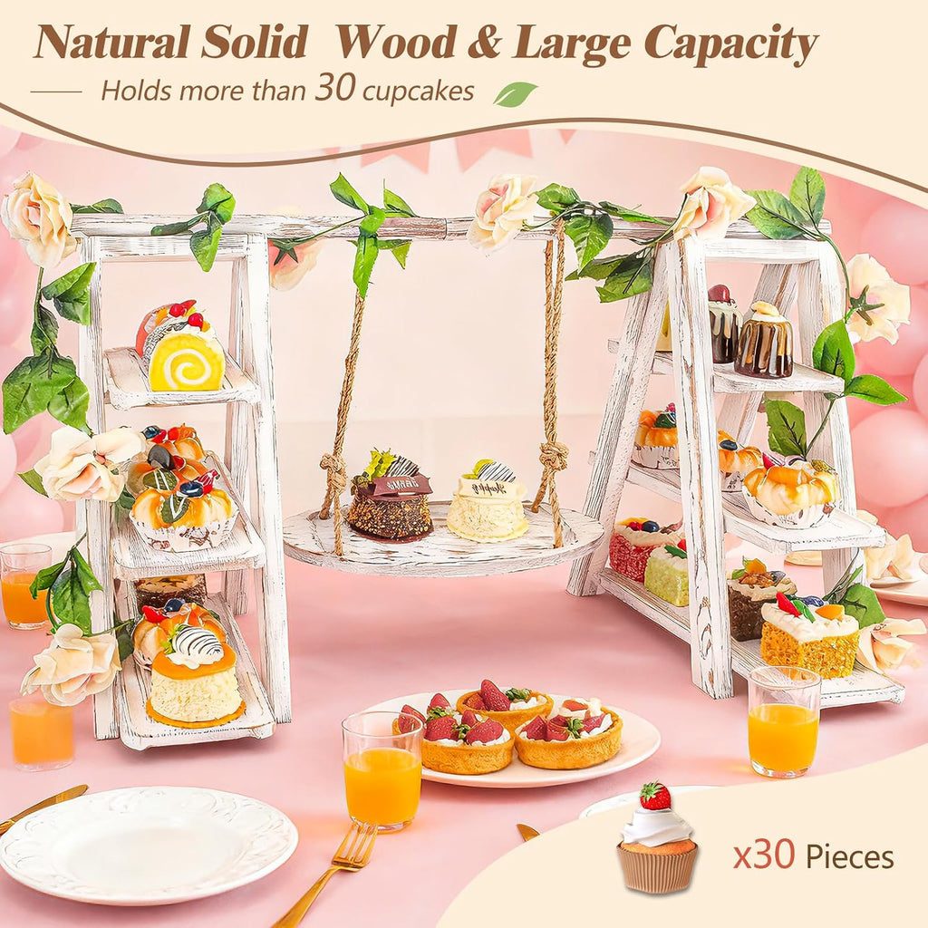 Wooden 3 Tier Cupcake Stand with Swing and Flower Decoration Serving Removable Tray Display Serving Ladder Foldable