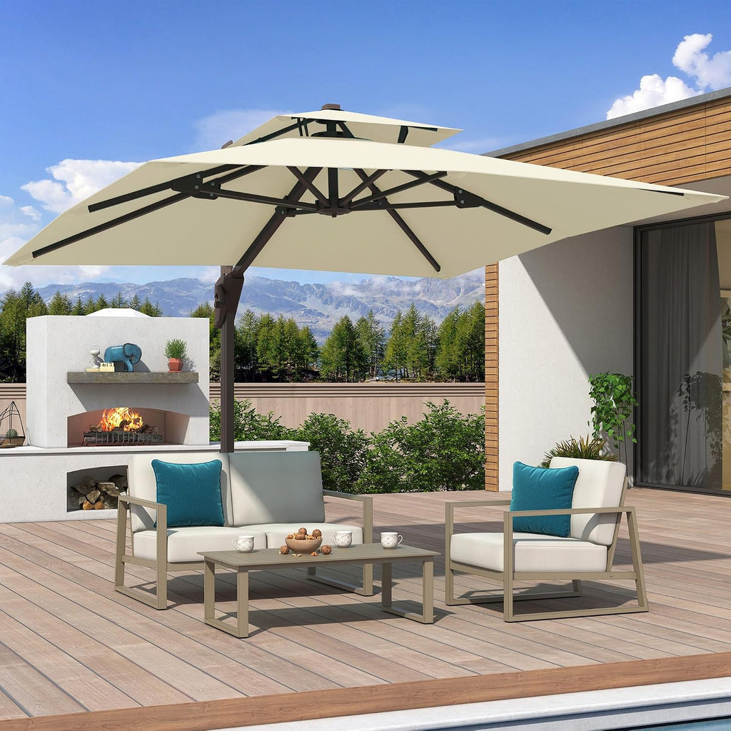 10x10 FT Cantilever Patio Umbrella Double Top Outdoor Square Large Heavy Duty Aluminum Offset Umbrellas with 7 Level