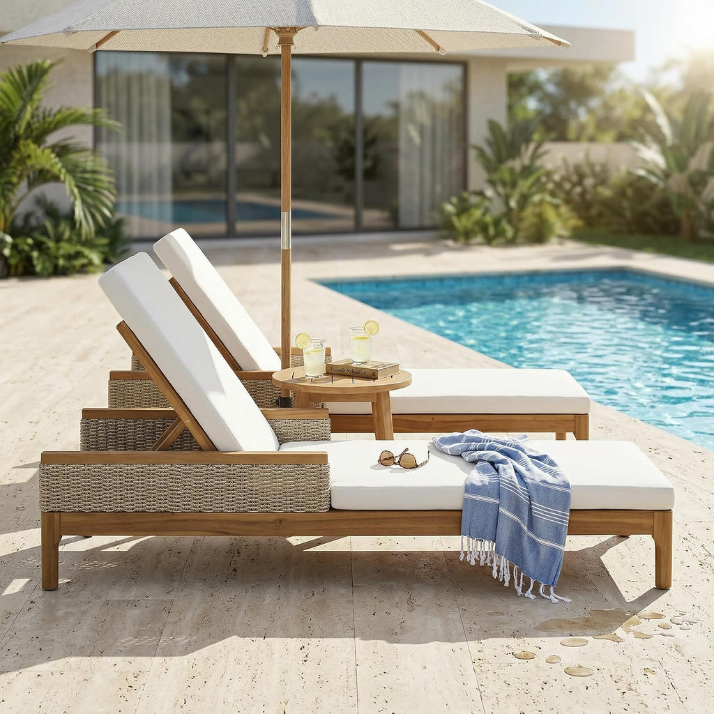 Outdoor Acacia Wood Chaise Lounge Chair Set of 2, Wooden Sunbathing Pool Lounger with Woven Rattan Accents