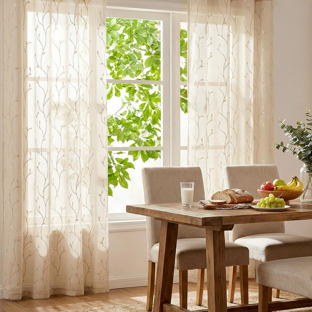 Sheer Curtains for Bedroom Leaf Embroidered Semi Sheers for Living Room Botanical Embroidery Voile