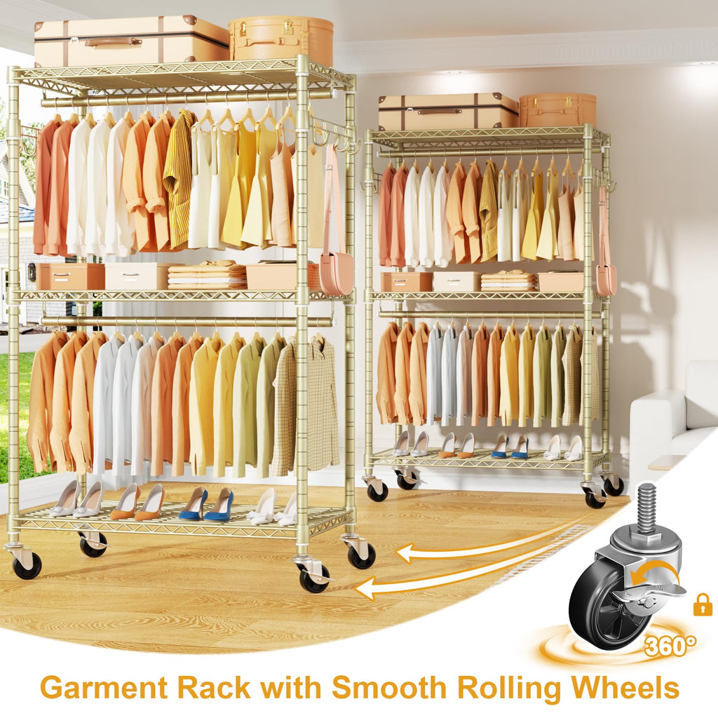 P1 Rolling Clothes Rack, Gold Portable Wardrobe Closets with Wheels