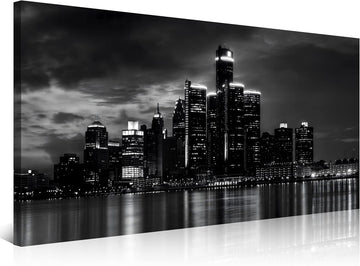 Detroit Skyline Canvas Wall Art Cityscape Night Scene Black & White City Art Print on Canvas Modern Giclee Framed