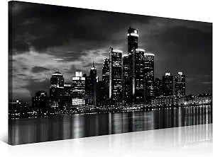 Detroit Skyline Canvas Wall Art Cityscape Night Scene Black & White City Art Print on Canvas Modern Giclee Framed