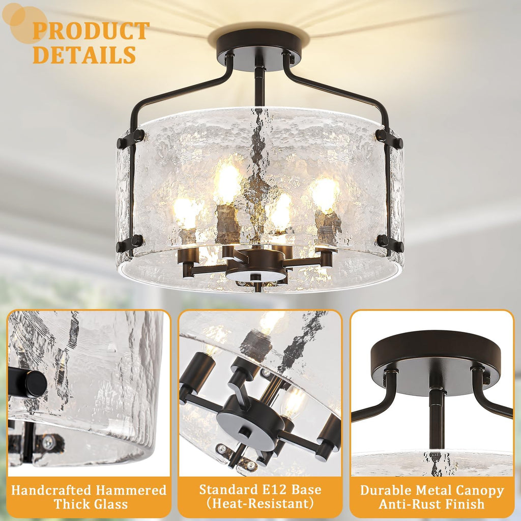 4-Light Modern Black Semi Flush Mount Ceiling Light, 15.35" Thick Hammered Glass Entryway Light Fixture Drum