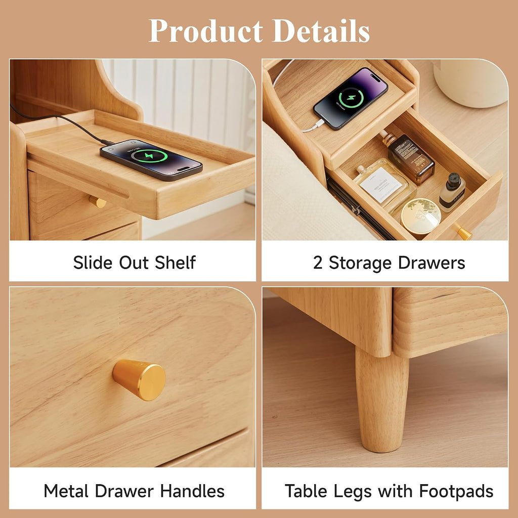 Solid Wood Narrow Nightstand, Slim Bedside Table with 2 Drawers & Slide-Out Tray, Mid-Century Modern End Table Side