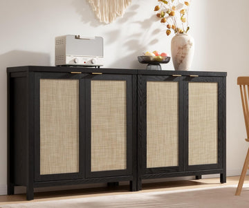 Sideboard Buffet Storage Cabinet - Boho Rattan Credenza Coffee Bar Cabinet with Large Storage