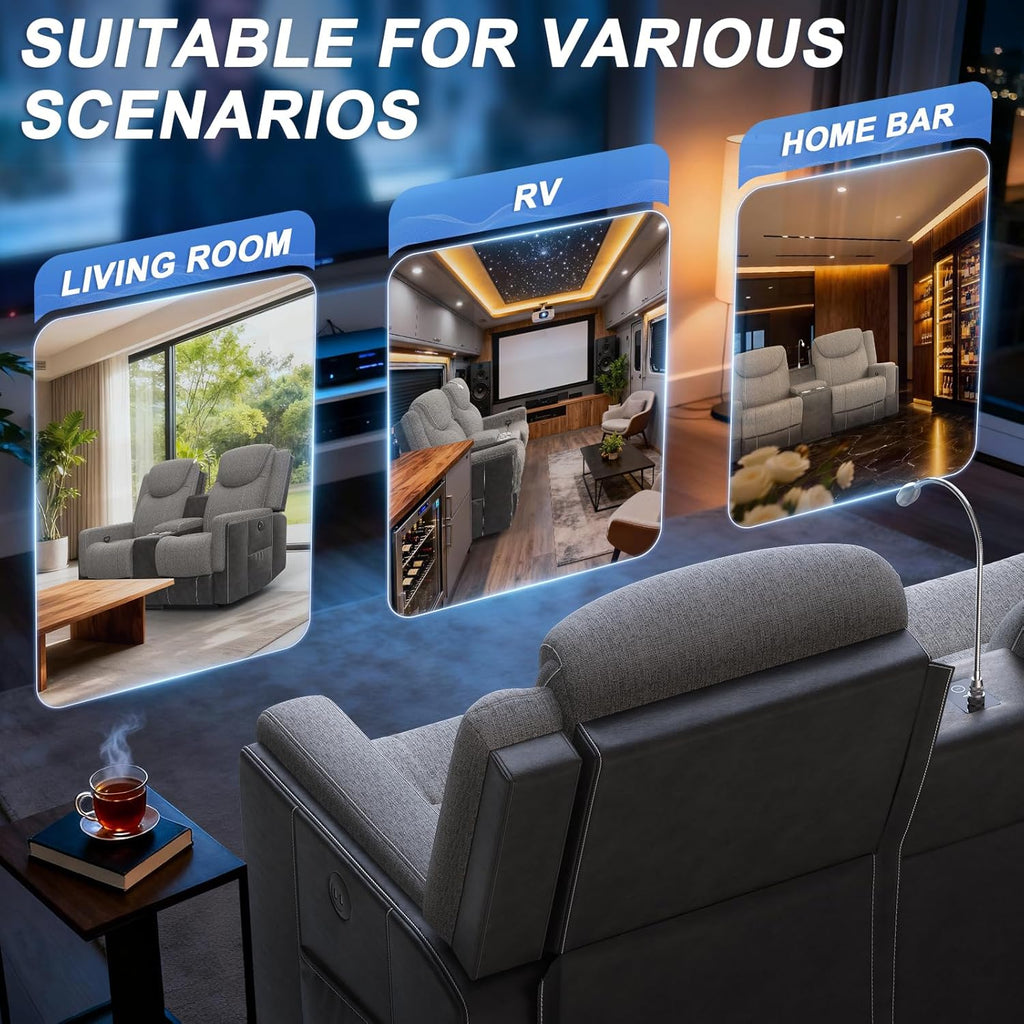 Manual Loveseat Recliner Sofa, Home Theater Seating with Touch Reading Light, Console with Cup Holders & Storage