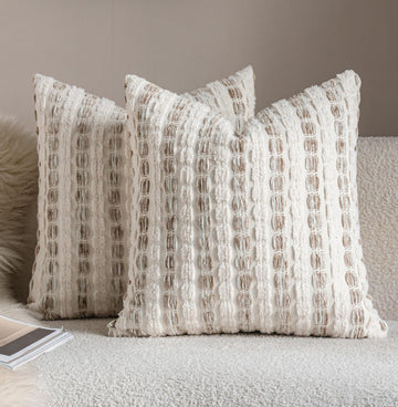 Beige Striped Chenille Boho Throw Pillow Covers 20x20 Inch Set of 2