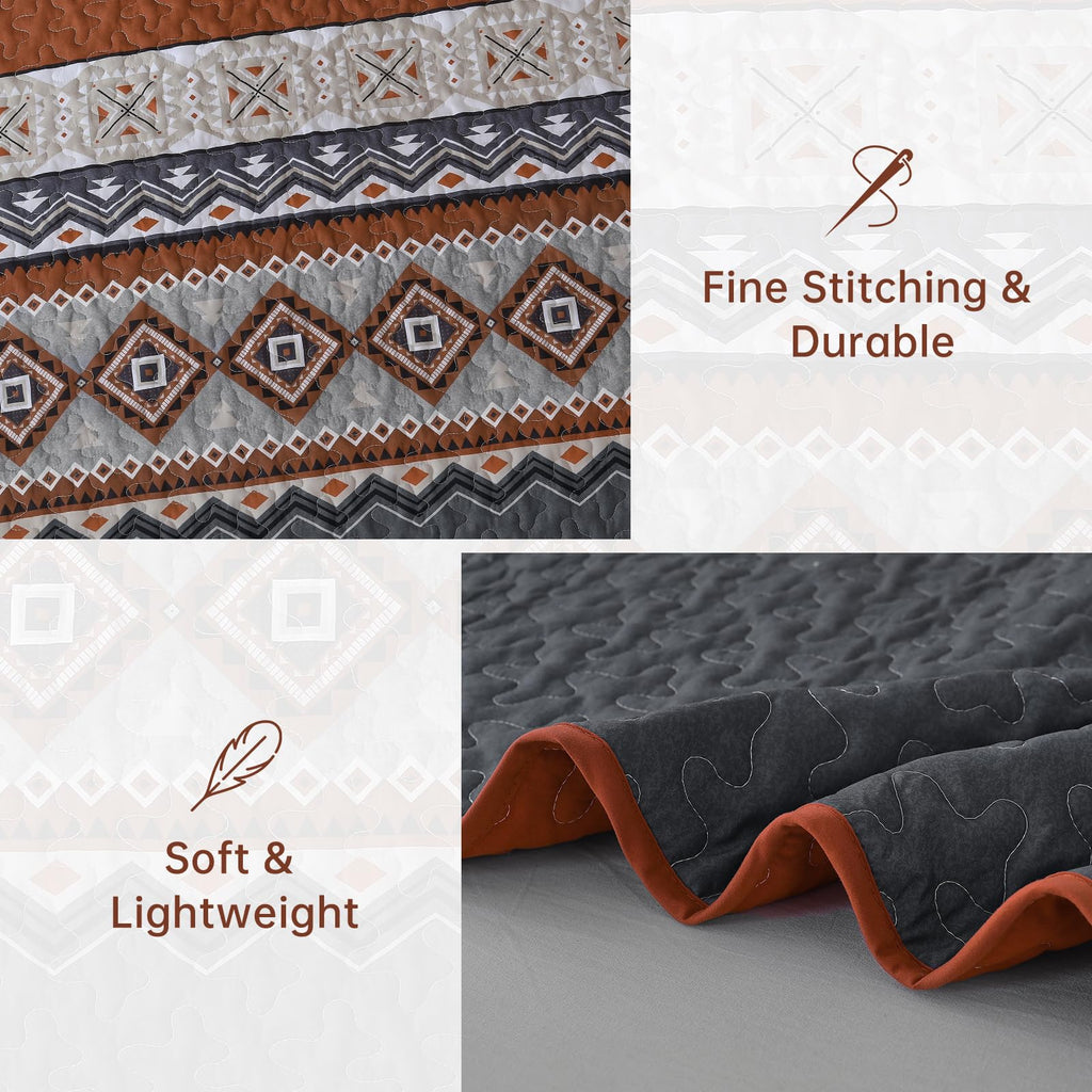 Queen Boho Quilt Set, Orange Grey Fall Thanksgiving Bedspread