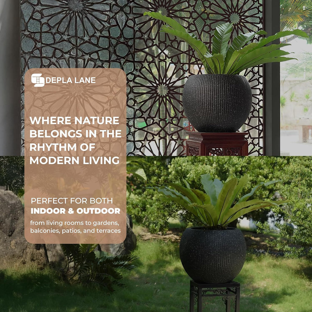 Marlo Fiberstone Round Planter, Ribbed Finishes (L, Black) | Lightweight, UV & Crack Resistant, Modern Minimalist