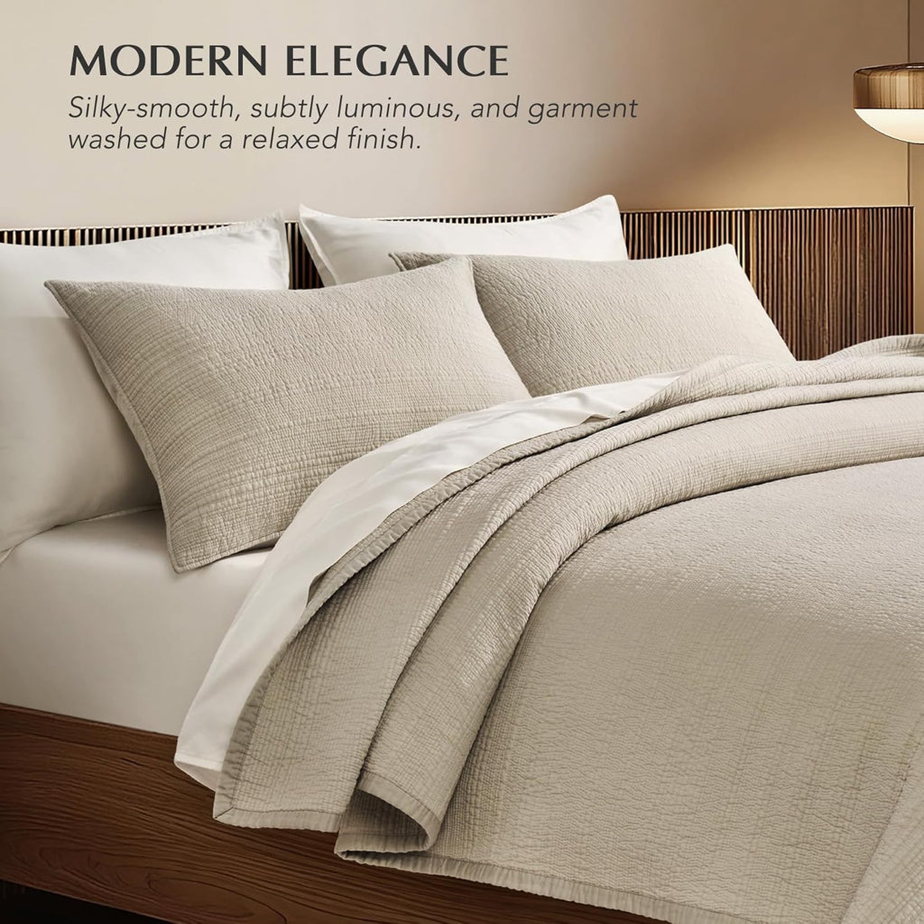 Channel Stitch 100% Cotton Quilt Set, Pre-Washed Cotton Sateen Coverlet Bedspread, 3-Piece Soft & Breathable
