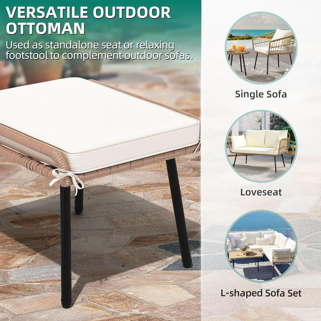 2-Piece Outdoor Wicker Ottoman, All-Weather Patio Rattan Foot Rest with Cushions - Beige